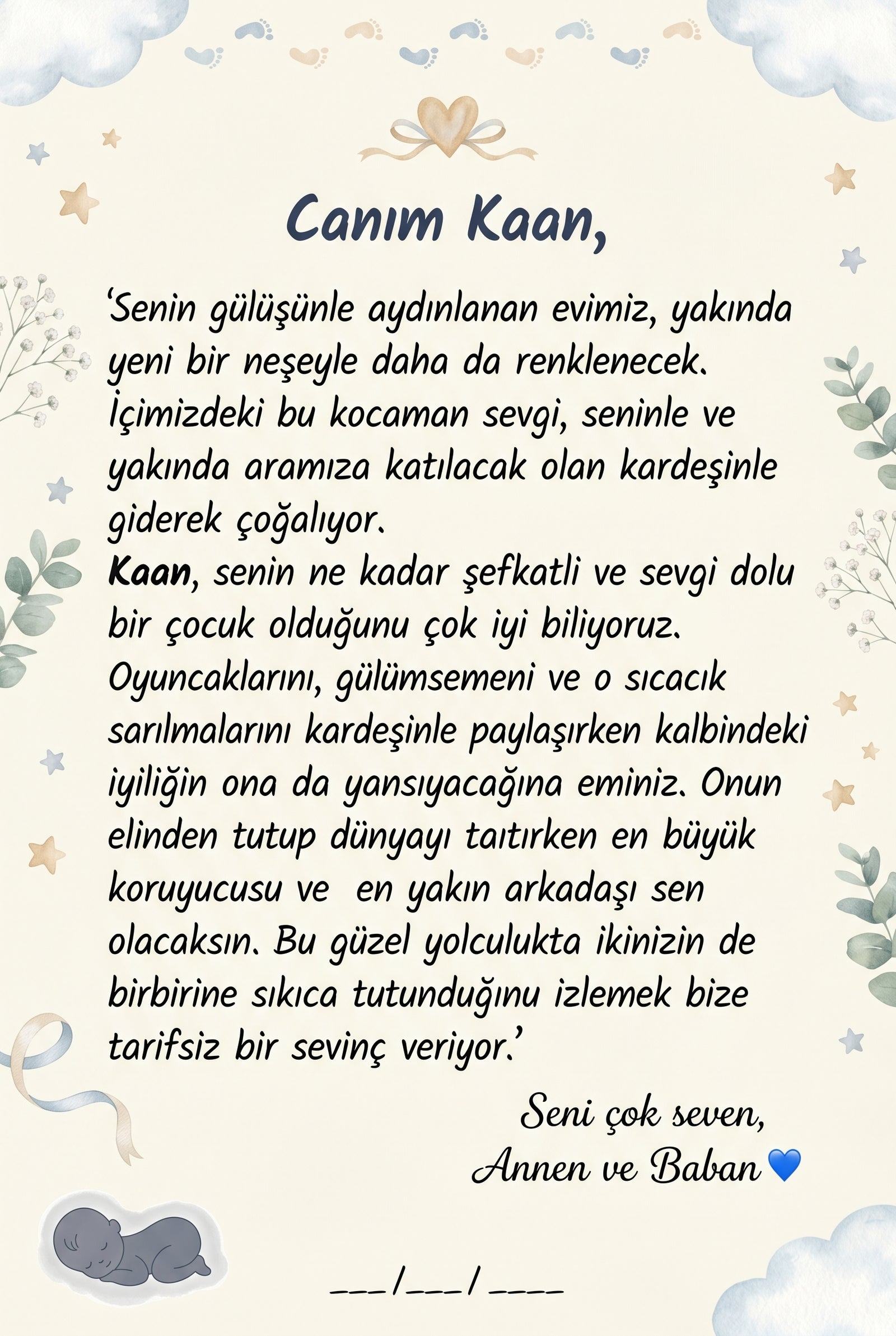 Kaan'ın kitabının ilk sayfasındaki annesi ve babasından yazılmış sıcak ağabey karşılama notu — mavi palette.