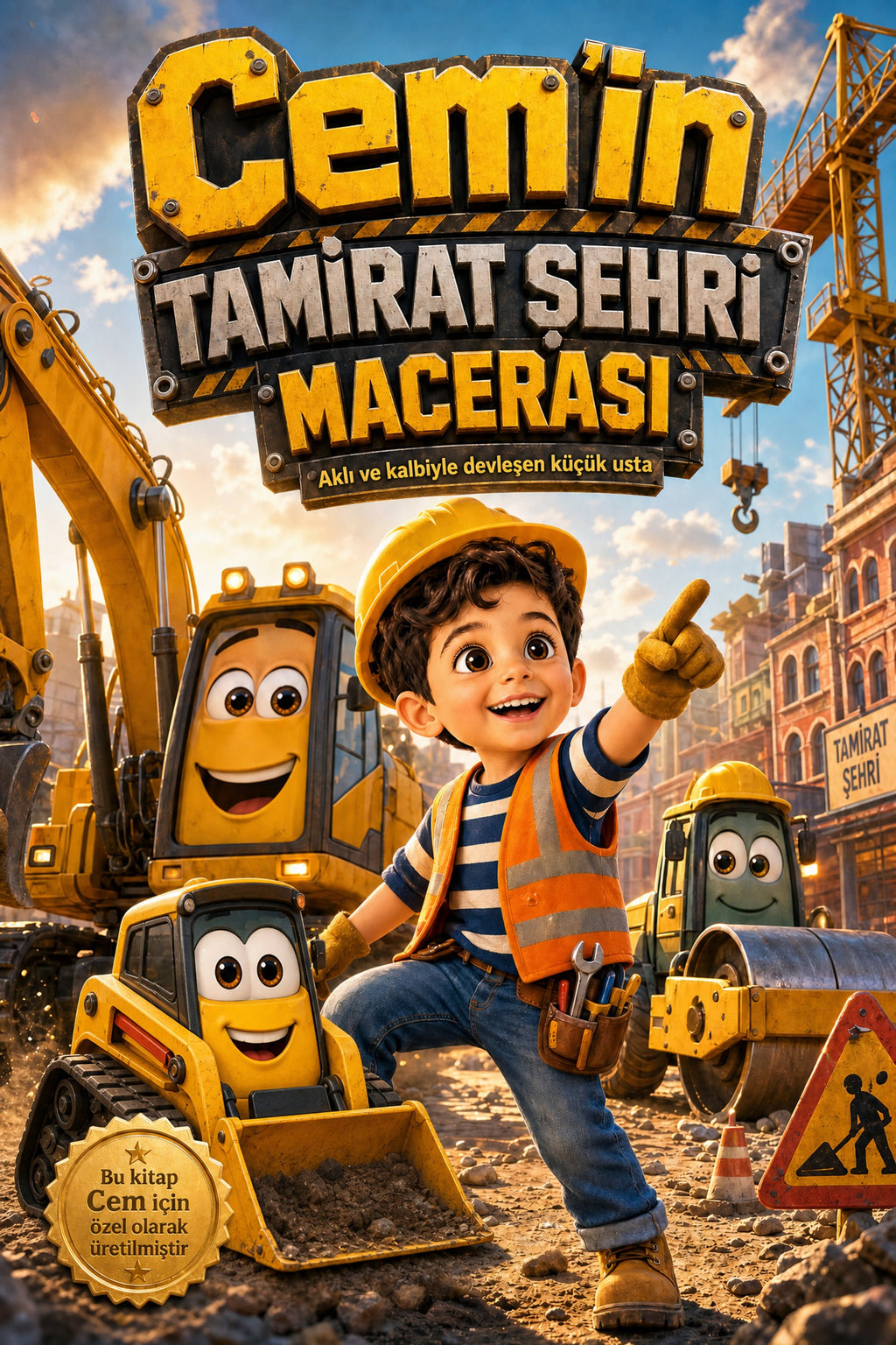 Cem'in Tamirat Şehri Macerası kişiye özel çocuk kitabı ön kapağı, Pixar kalitesinde 3D tasarım.