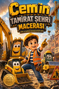 Cem'in Tamirat Şehri Macerası kişiye özel çocuk kitabı ön kapağı, Pixar kalitesinde 3D tasarım.