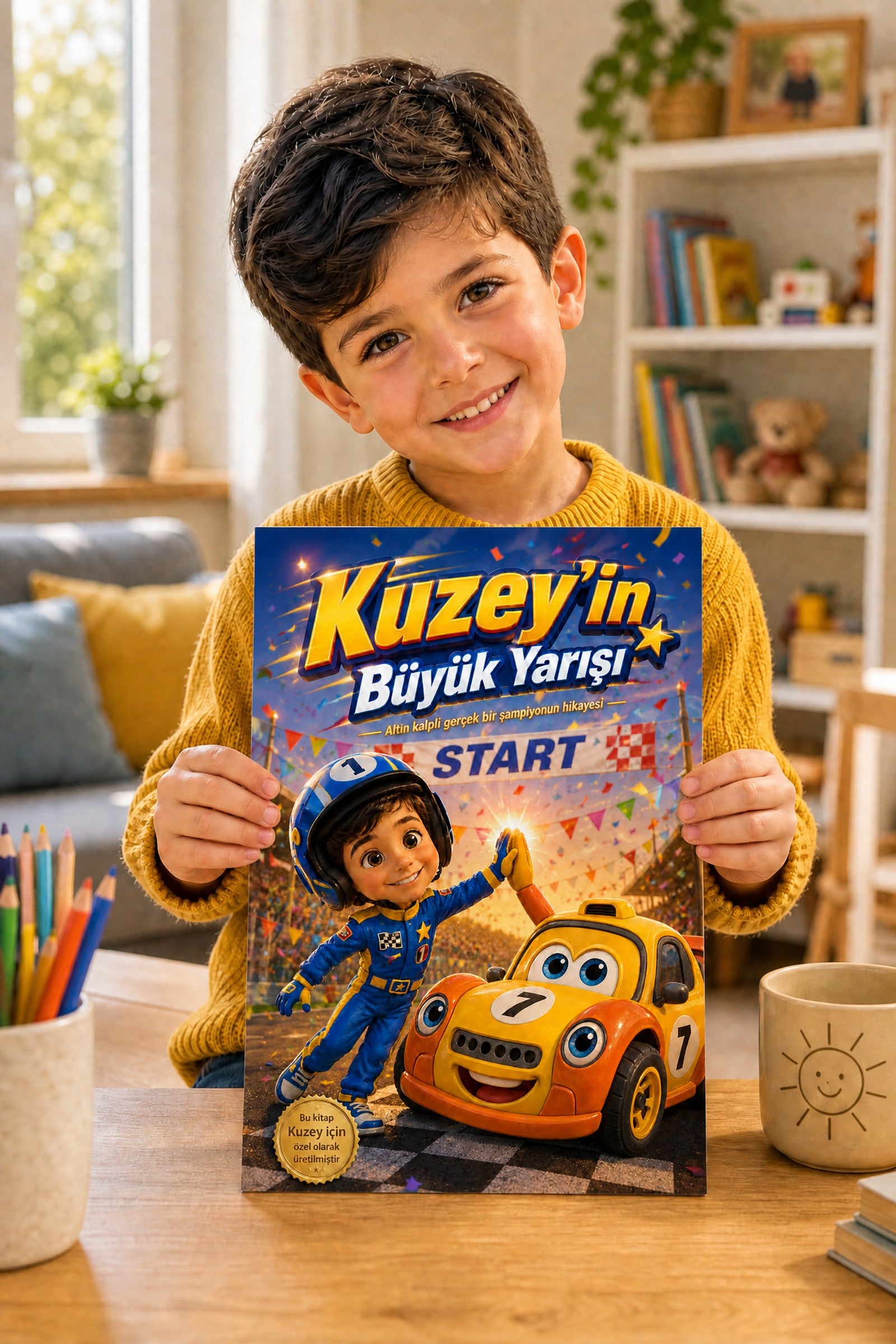 5 yaşındaki Kuzey uyumadan önce kendi adının yazılı olduğu fotoğraflı çocuk kitabını heyecanla okurken odaklanmış anı