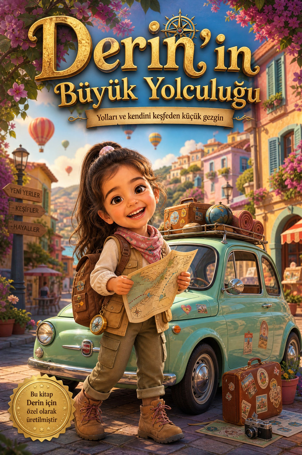Derin'in Büyük Yolculuğu kişiye özel çocuk kitabı ön kapağı, neşeli mint yeşili arabasıyla birinci sınıf çizim.