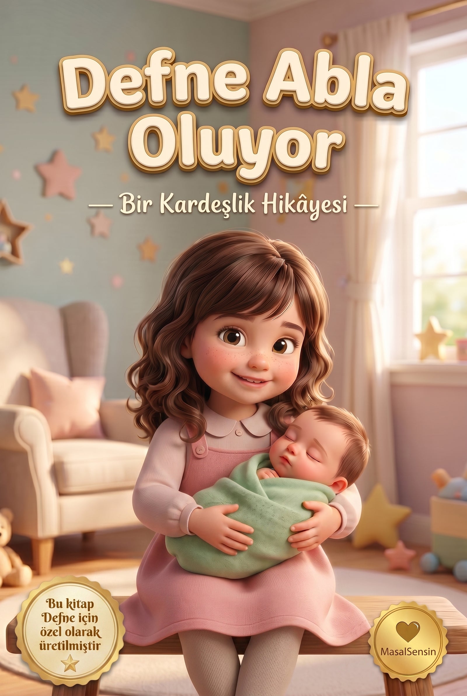 Defne Abla Oluyor kişiye özel çocuk kitabı ön kapağı, 3 yaşındaki abla ve yeni doğan kardeşi gösteren Pixar illüstrasyon.
