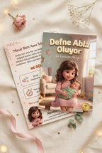 Defne'nin kişiye özel abla kitabı ön ve arka kapak birlikte — A4 yumuşak kapak kalitesi.