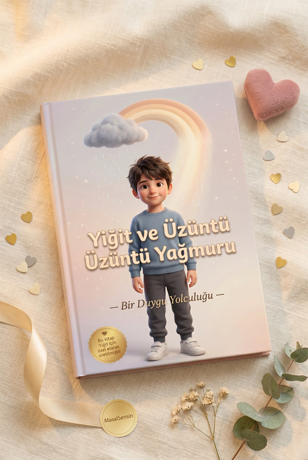 Yiğit ve Üzüntü Yağmuru kitabının emotion-soothing flat-lay sunum fotoğrafı.