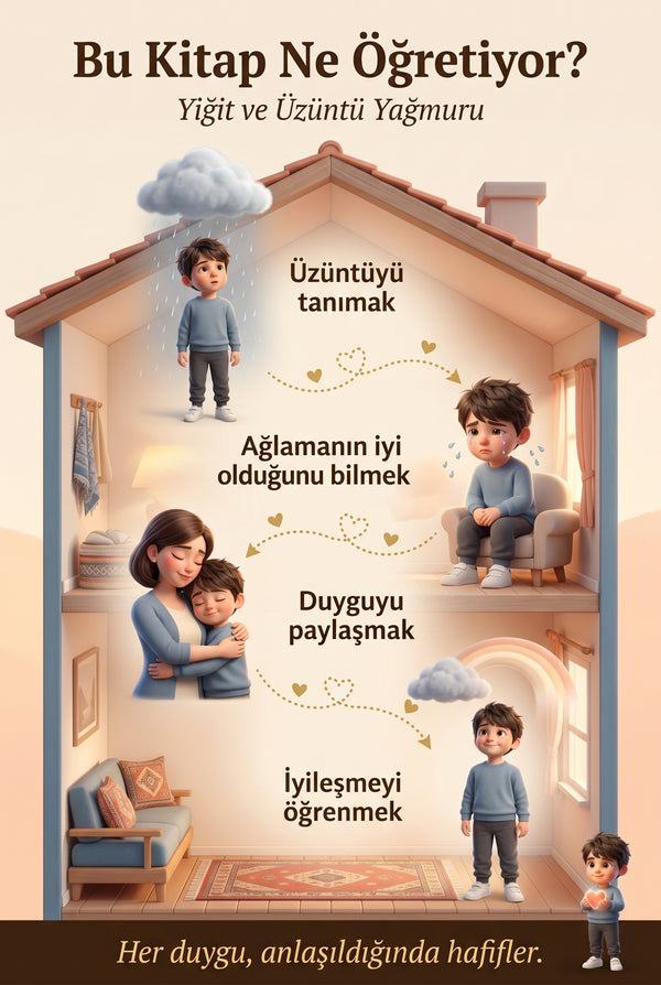 Bu Kitap Ne Öğretiyor — Yiğit ve Üzüntü Yağmuru için duygu arkı görselleştirmesi.