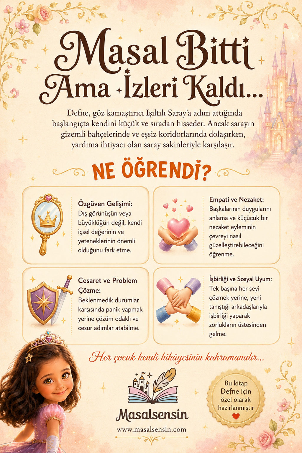 Defne isimli kitabın arka kapağı - özgüven gelişimi ve problem çözme kazanımlarını vurgulayan detaylar