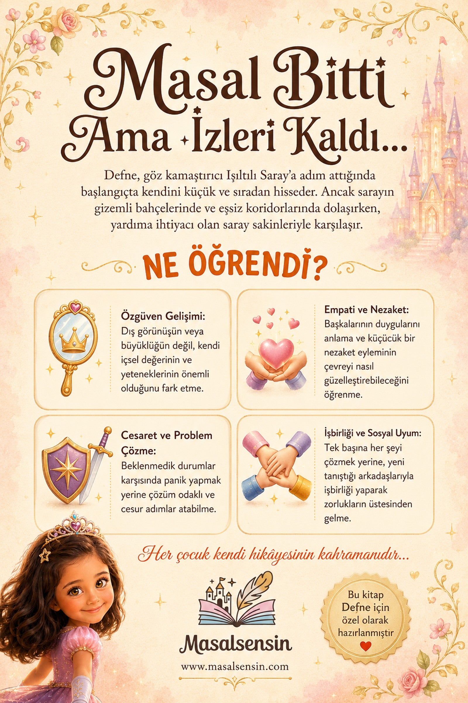 Defne isimli kitabın arka kapağı - özgüven gelişimi ve problem çözme kazanımlarını vurgulayan detaylar