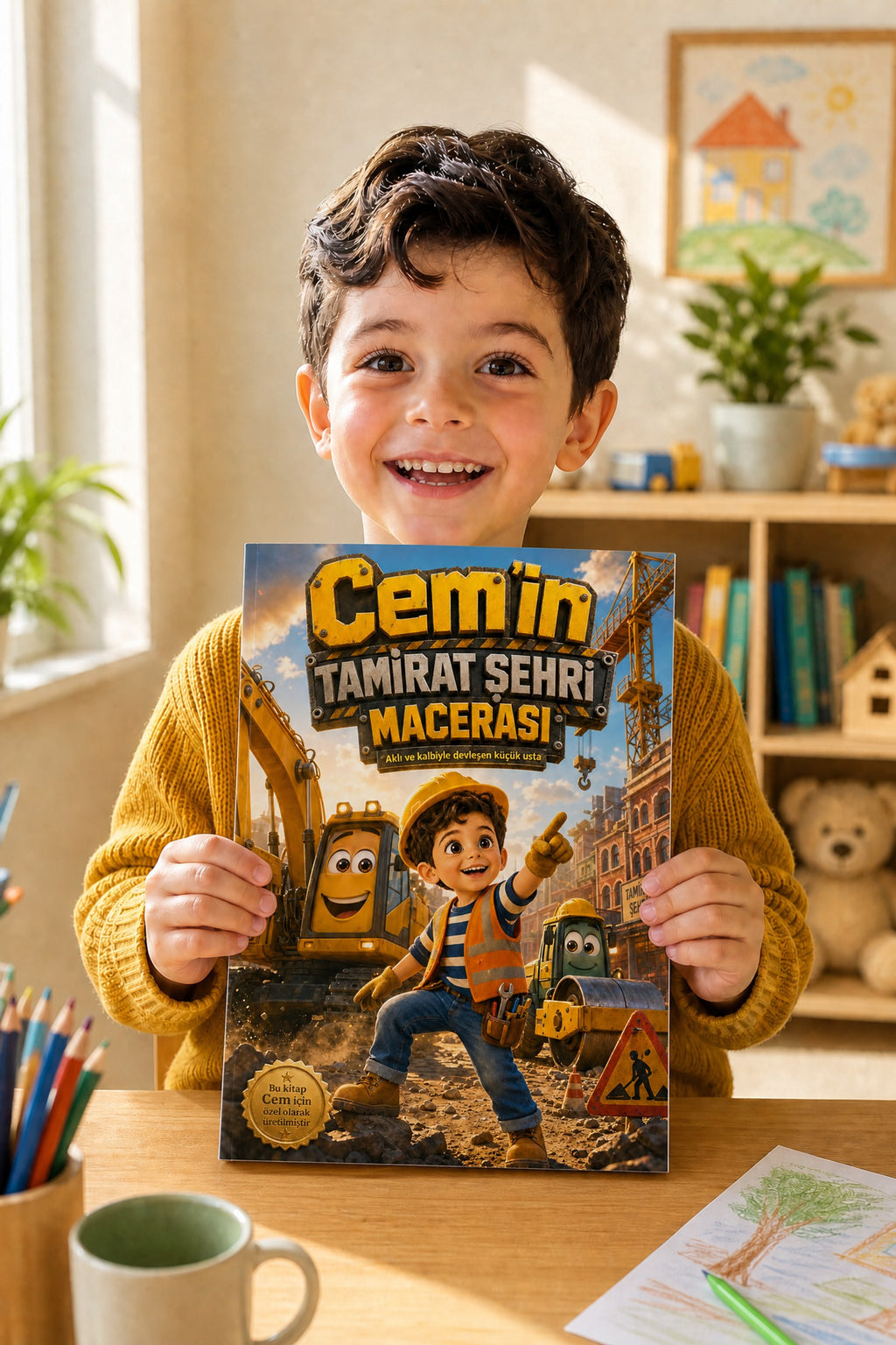 Çocuk kitabını tutuyor