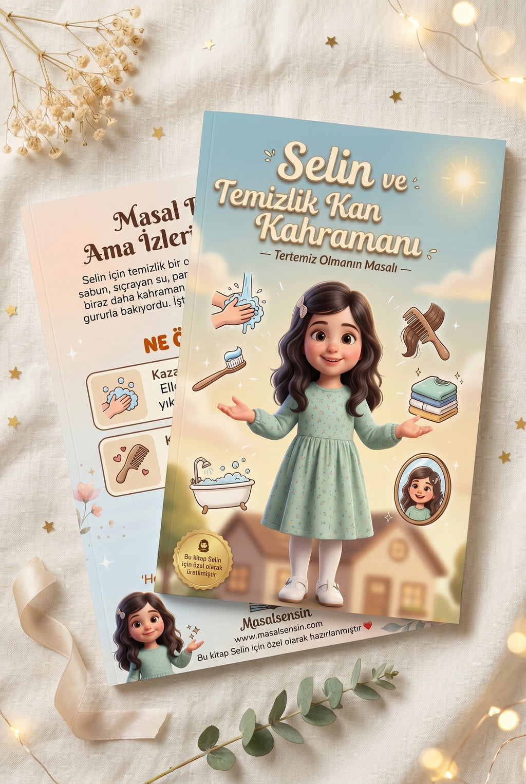 Selin'nın kişiye özel günlük değerler kitabı ön ve arka kapak birlikte.