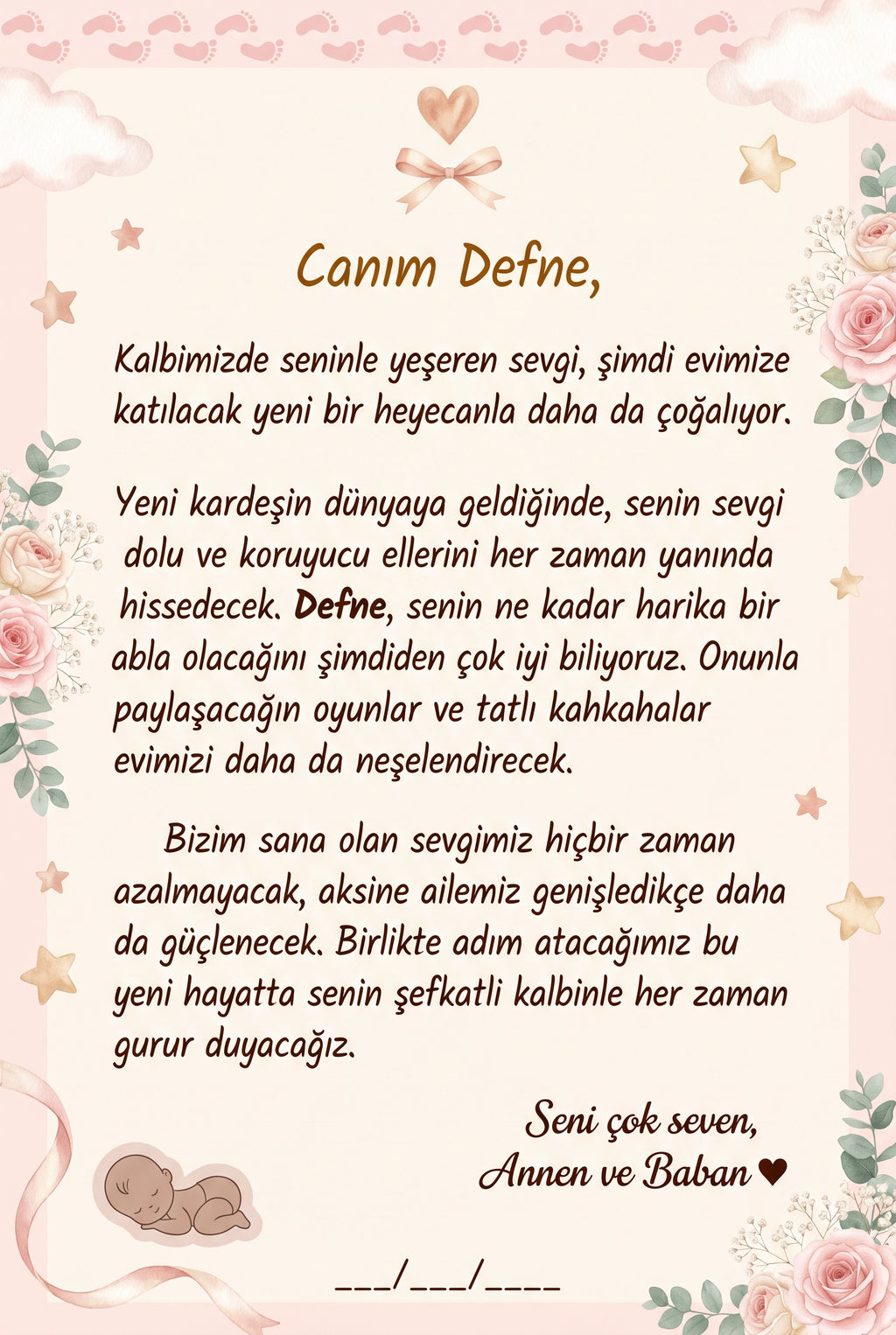 Defne'nin kitabının ilk sayfasındaki annesi ve babasından yazılmış sıcak abla karşılama notu.