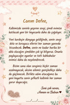 Defne'nin kitabının ilk sayfasındaki annesi ve babasından yazılmış sıcak abla karşılama notu.