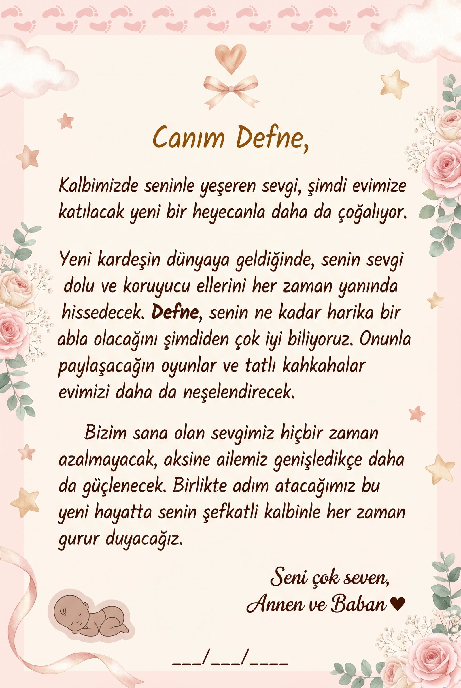 Defne'nin kitabının ilk sayfasındaki annesi ve babasından yazılmış sıcak abla karşılama notu.
