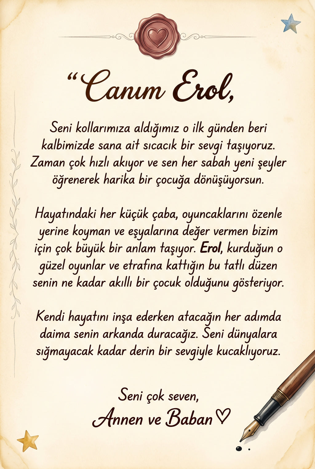 Erol'nın kitabının ilk sayfasındaki anne-baba notu.