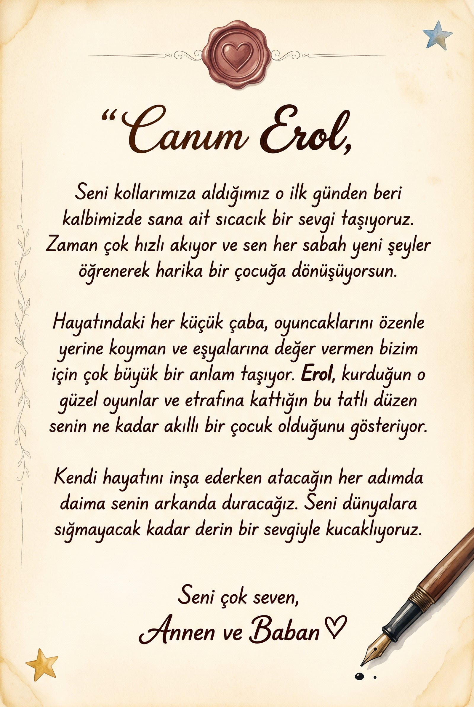 Erol'nın kitabının ilk sayfasındaki anne-baba notu.