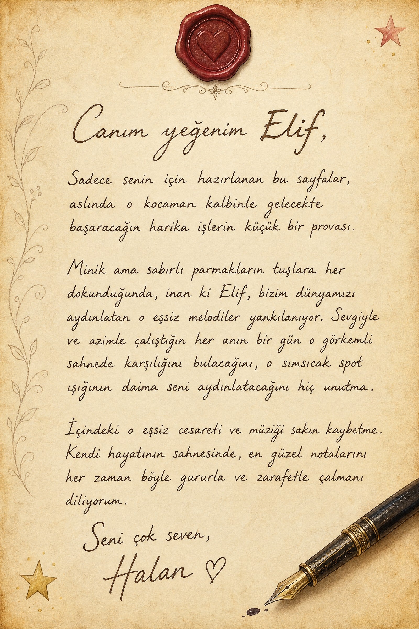 Elif'e özel yazılmış sevgi dolu ithaf sayfası — kalıcı ve anlamlı kişiselleştirilmiş hediye notu