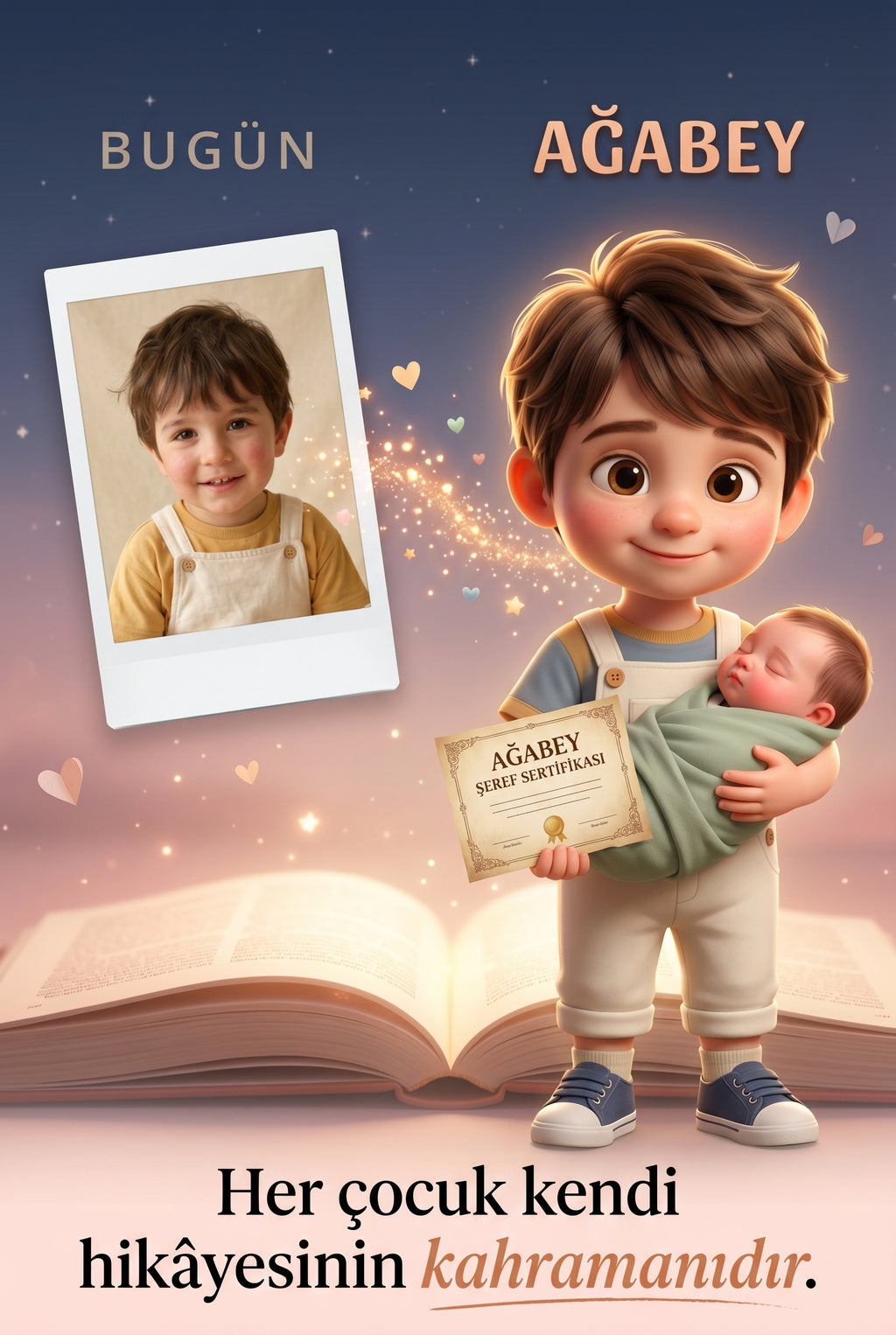 Çocuğun gerçek fotoğrafından Pixar 3D ağabey karakterine dönüşüm — kişiye özel yeni kardeş masalı.