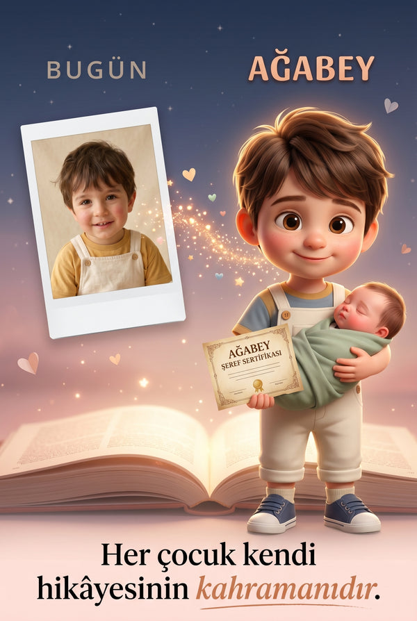 Çocuğun gerçek fotoğrafından Pixar 3D ağabey karakterine dönüşüm — kişiye özel yeni kardeş masalı.