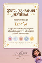 DUYGU KAHRAMANI SERTİFİKASI — Lina'ya özel diploma.
