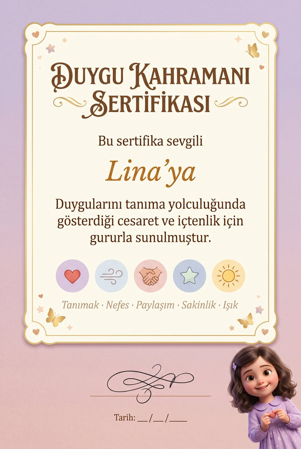 DUYGU KAHRAMANI SERTİFİKASI — Lina'ya özel diploma.