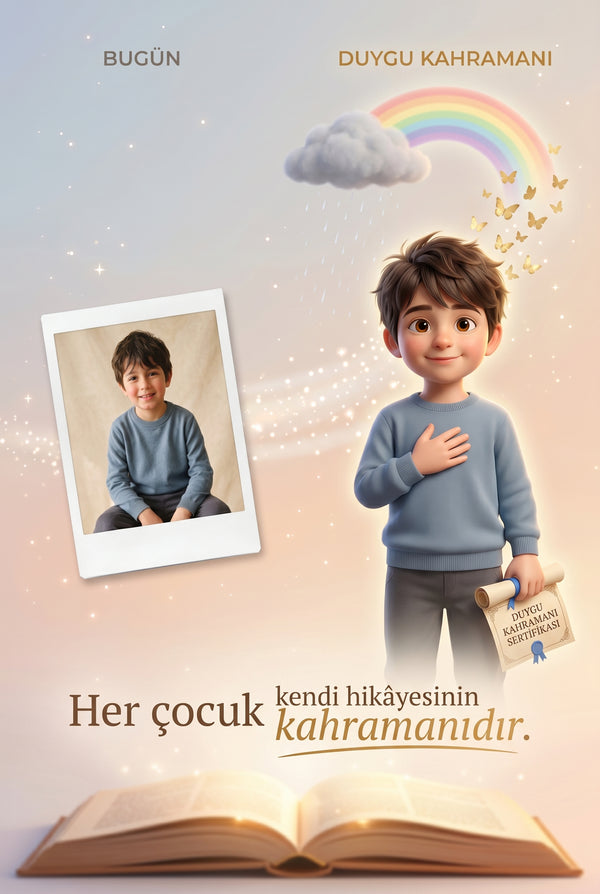 Çocuğun gerçek fotoğrafından Pixar 3D duygu kahramanı karakterine dönüşüm.