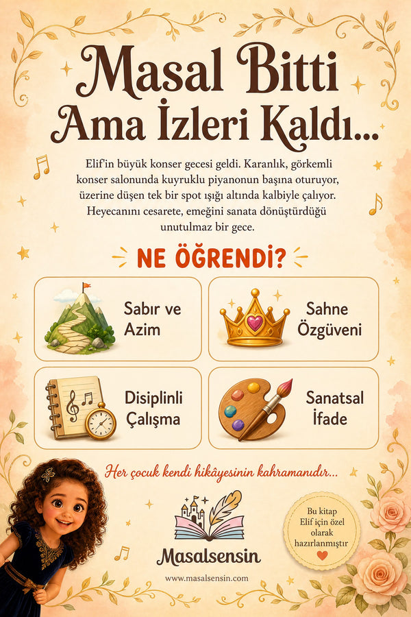 Elif isimli kitabın arka kapağı — sahne özgüveni ve sanatsal ifade kazanımları detayları