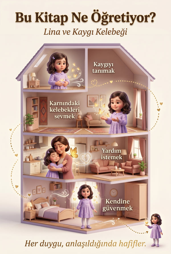Bu Kitap Ne Öğretiyor — Lina ve Kaygı Kelebeği için duygu arkı görselleştirmesi.