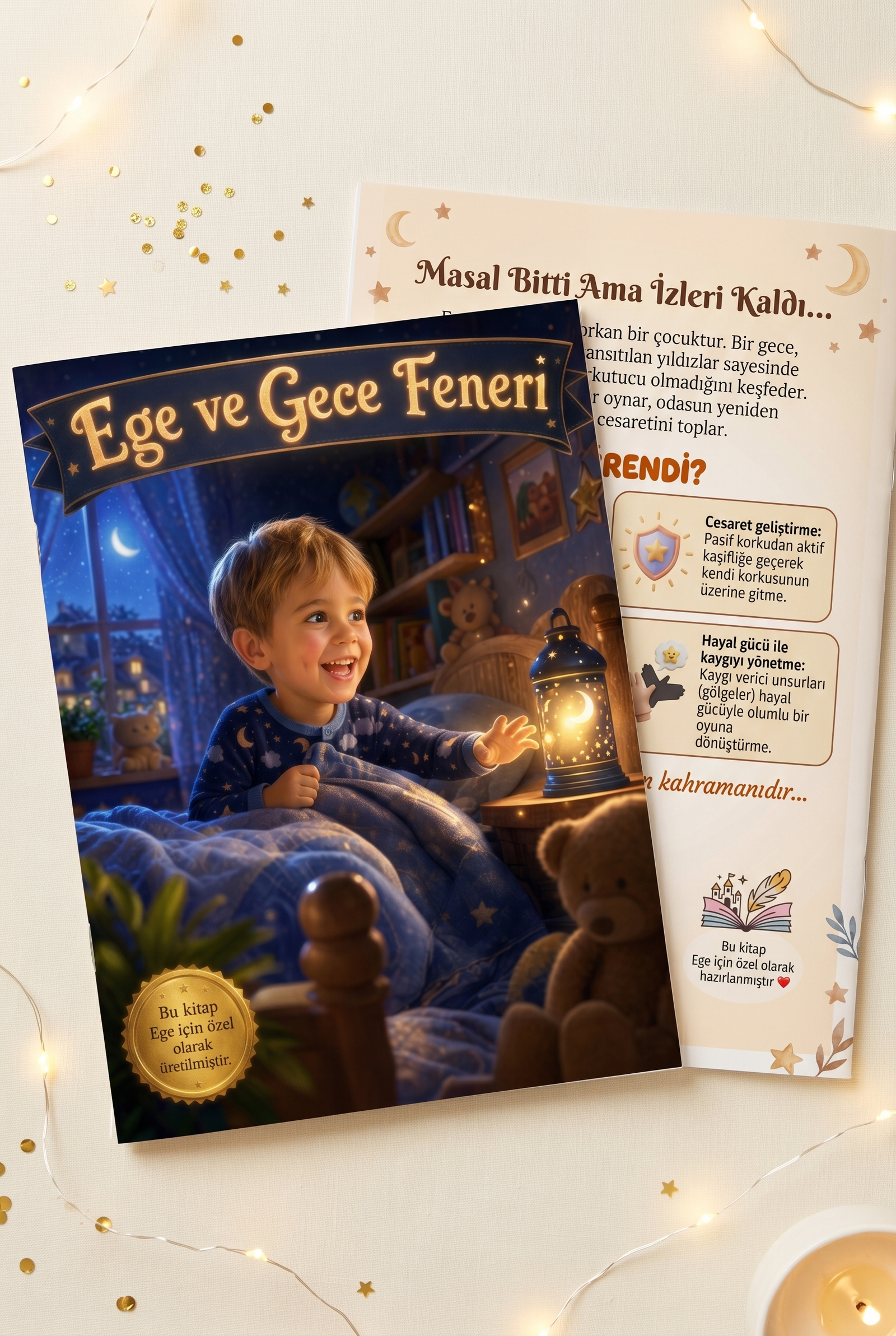 Ege ve Gece Feneri kişiye özel kitabın ön ve arka kapağı bir arada.