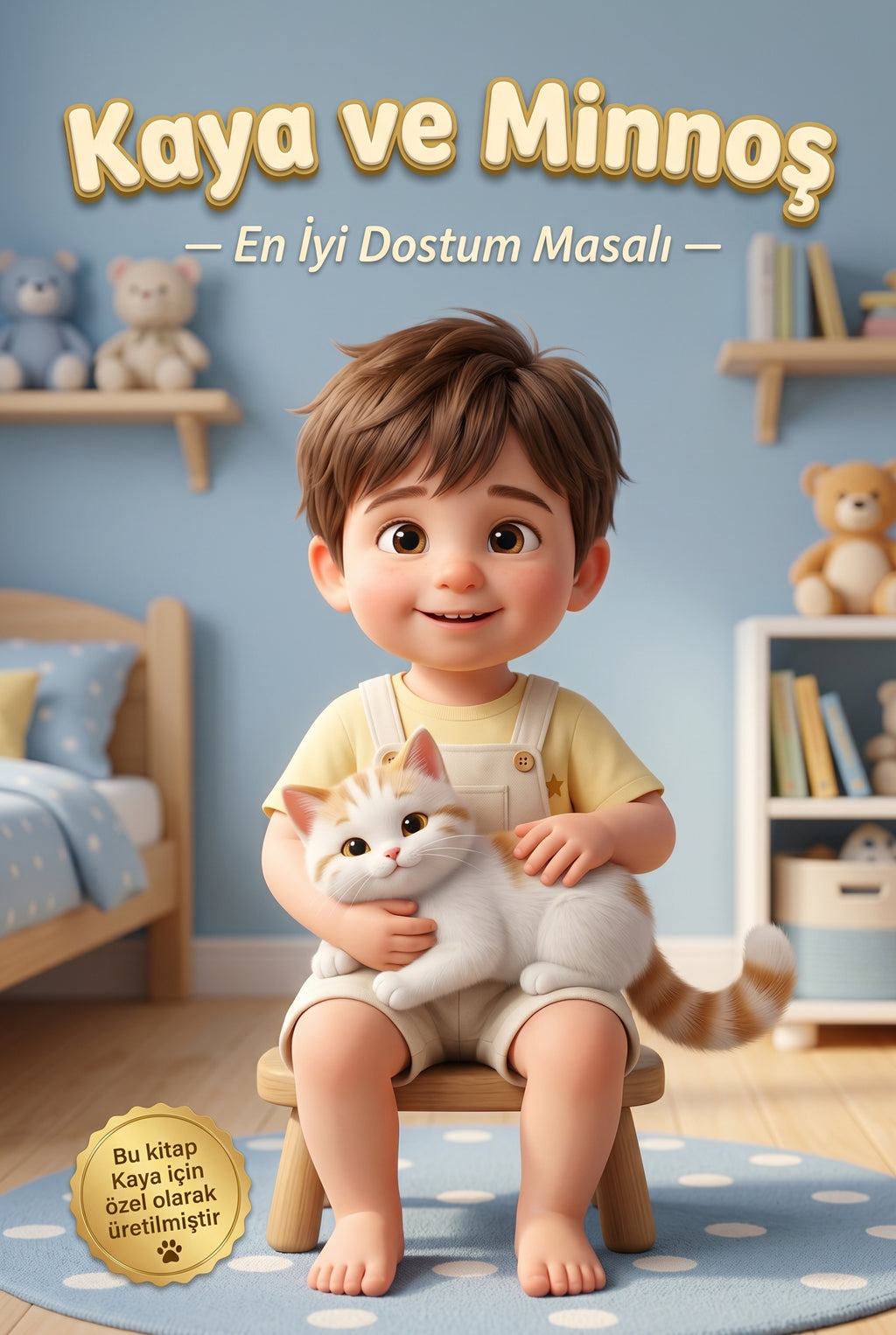 Kaya ve Minnoş kişiye özel çocuk kitabı ön kapağı, 2 yaşındaki Kaya'yı Minnoş kedisiyle gösteren Pixar illüstrasyon.