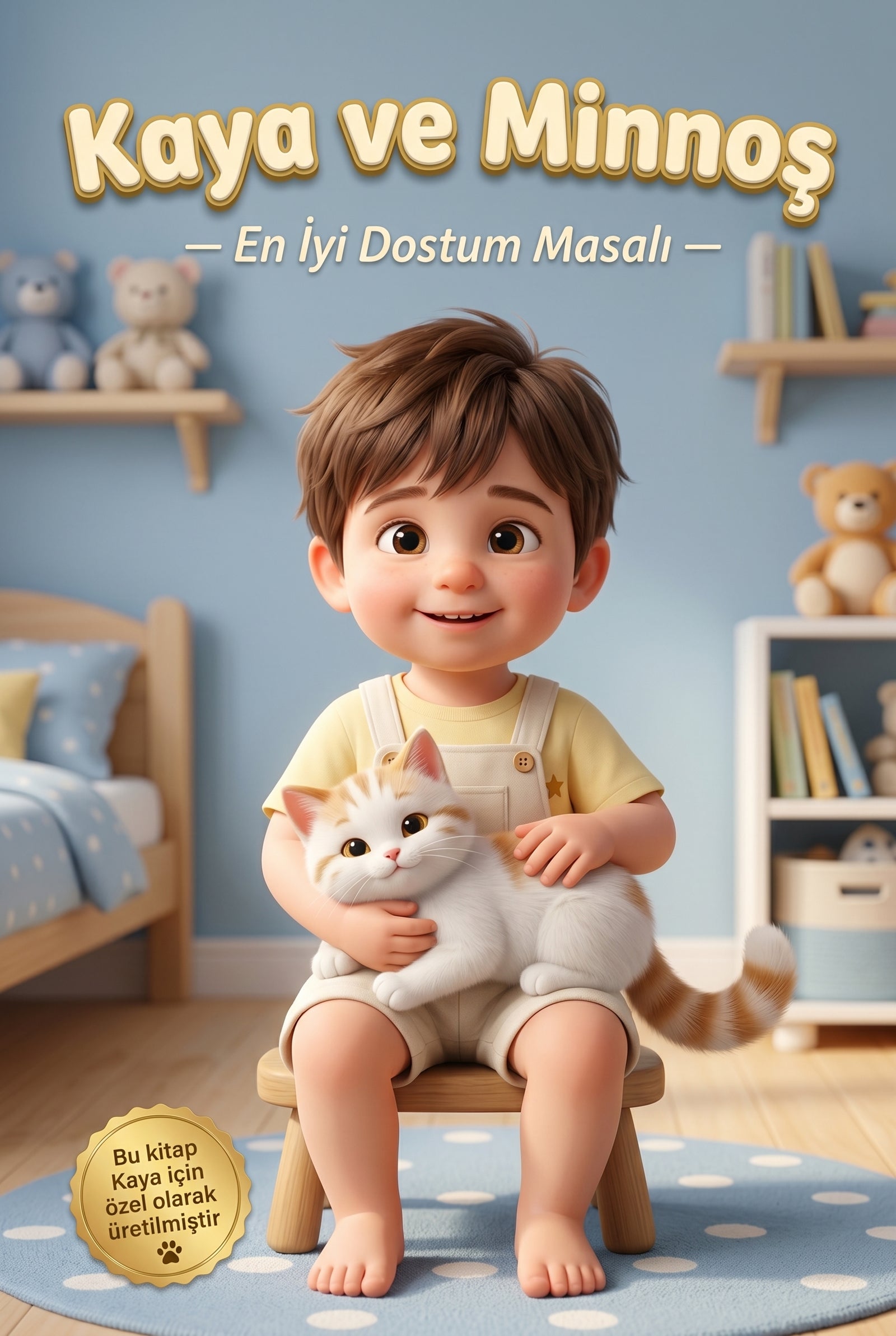 Kaya ve Minnoş kişiye özel çocuk kitabı ön kapağı, 2 yaşındaki Kaya'yı Minnoş kedisiyle gösteren Pixar illüstrasyon.