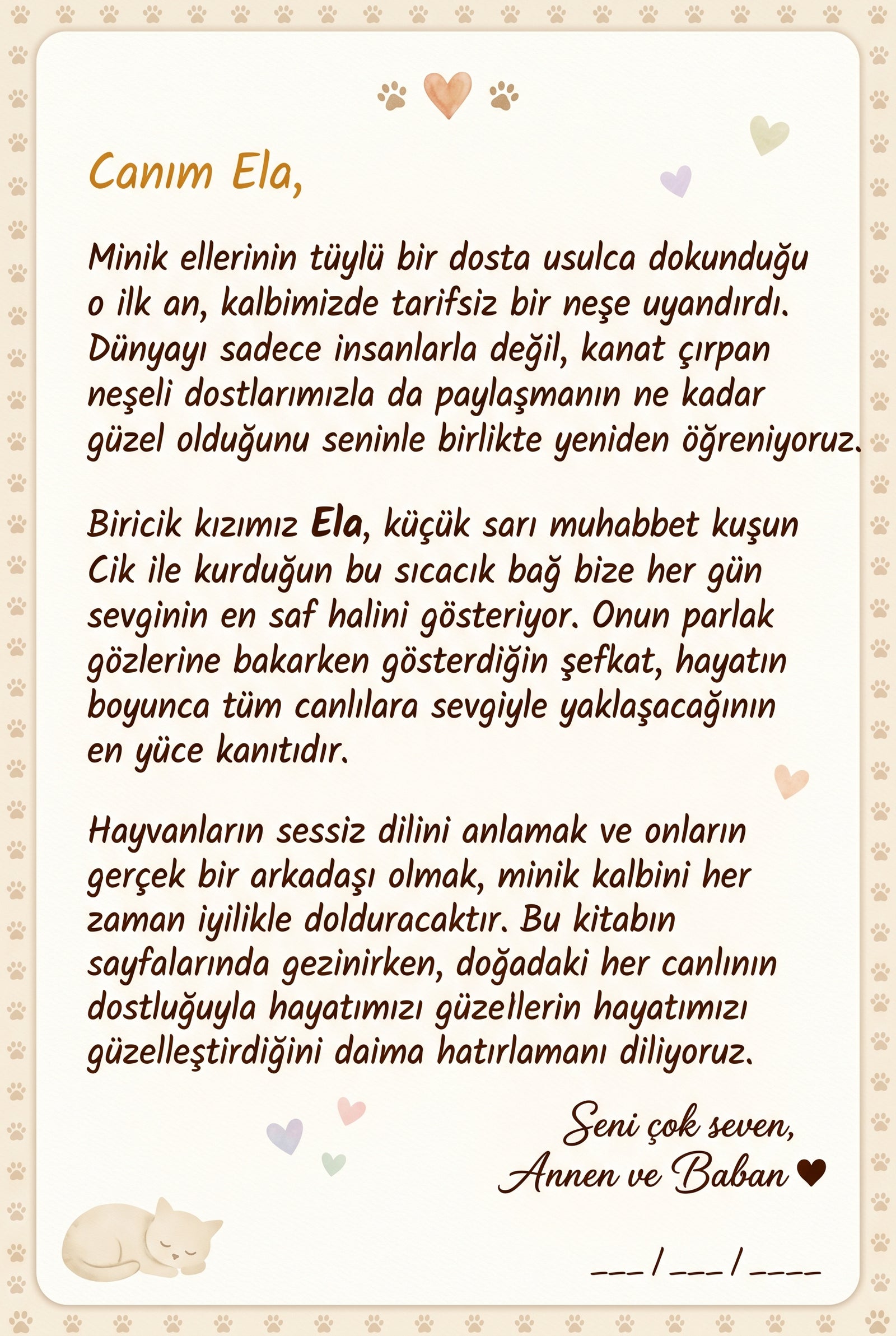 Ela'nın kitabının ilk sayfasındaki anne-baba notu.