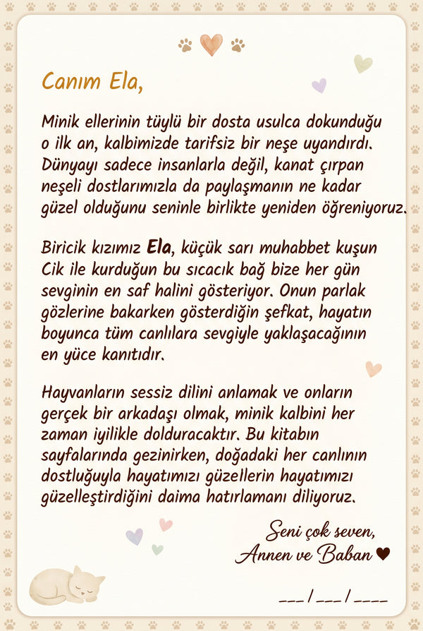 Ela'nın kitabının ilk sayfasındaki anne-baba notu.