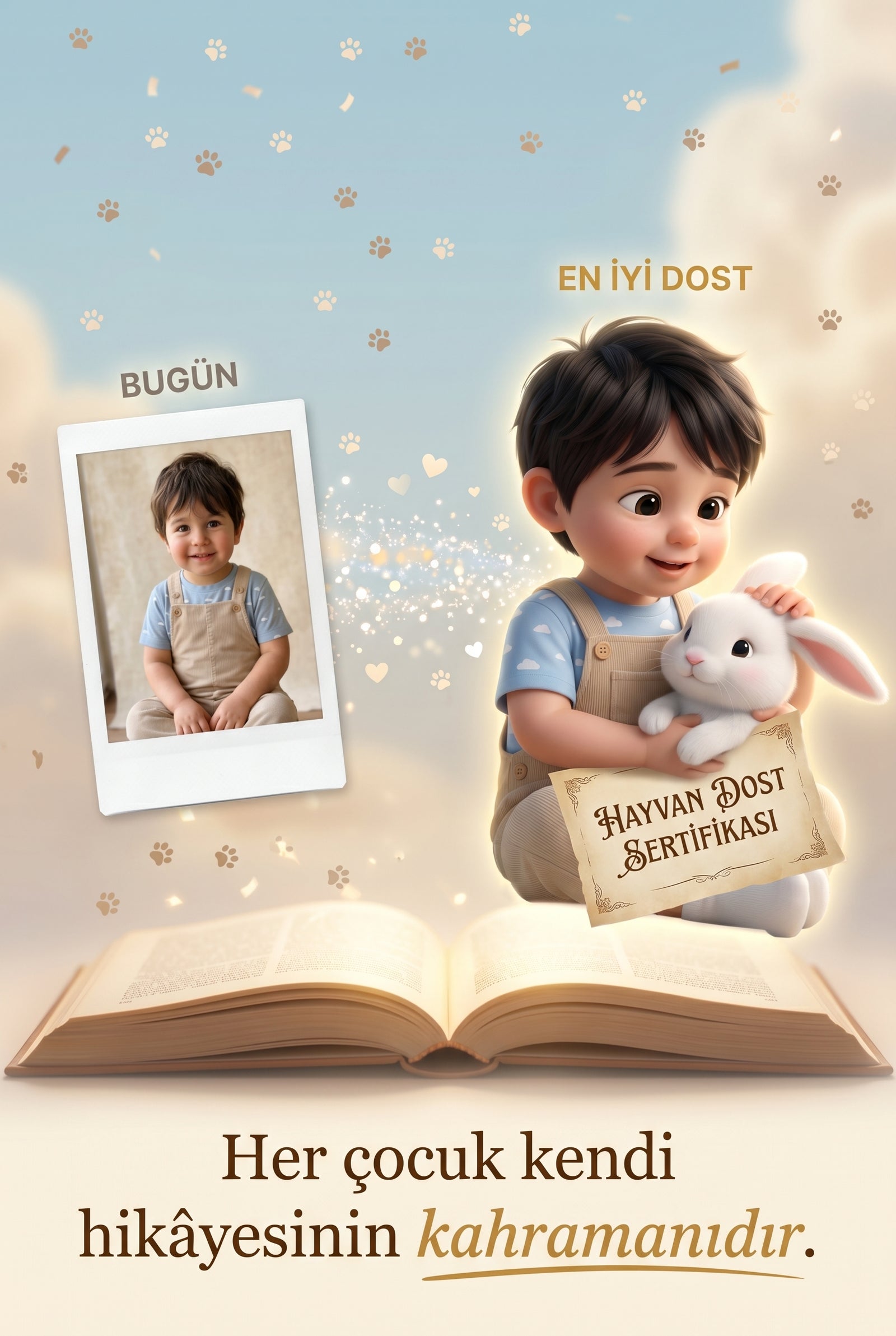 Çocuğun gerçek fotoğrafından Pixar 3D karakterine dönüşüm.