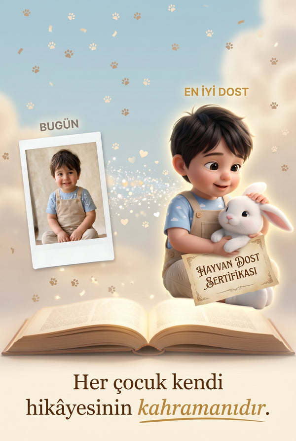 Çocuğun gerçek fotoğrafından Pixar 3D karakterine dönüşüm.