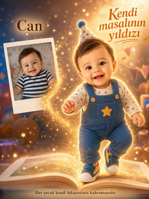 Sıradan bir bebek fotoğrafının isme özel kitap içindeki neşeli hikaye karakterine benzersiz dönüşümü