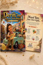 Derin'in kişiye özel kitabı ön ve arka kapak birlikte — A4 boyutunda yumuşak kapaklı şık tasarım sergileniyor.
