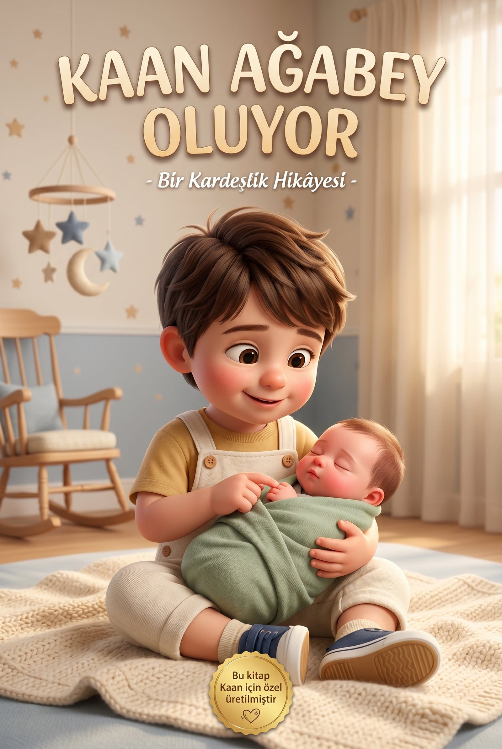 Kaan Ağabey Oluyor kişiye özel çocuk kitabı ön kapağı, 3 yaşındaki ağabey ve yeni doğan kardeşi gösteren Pixar illüstrasyon.