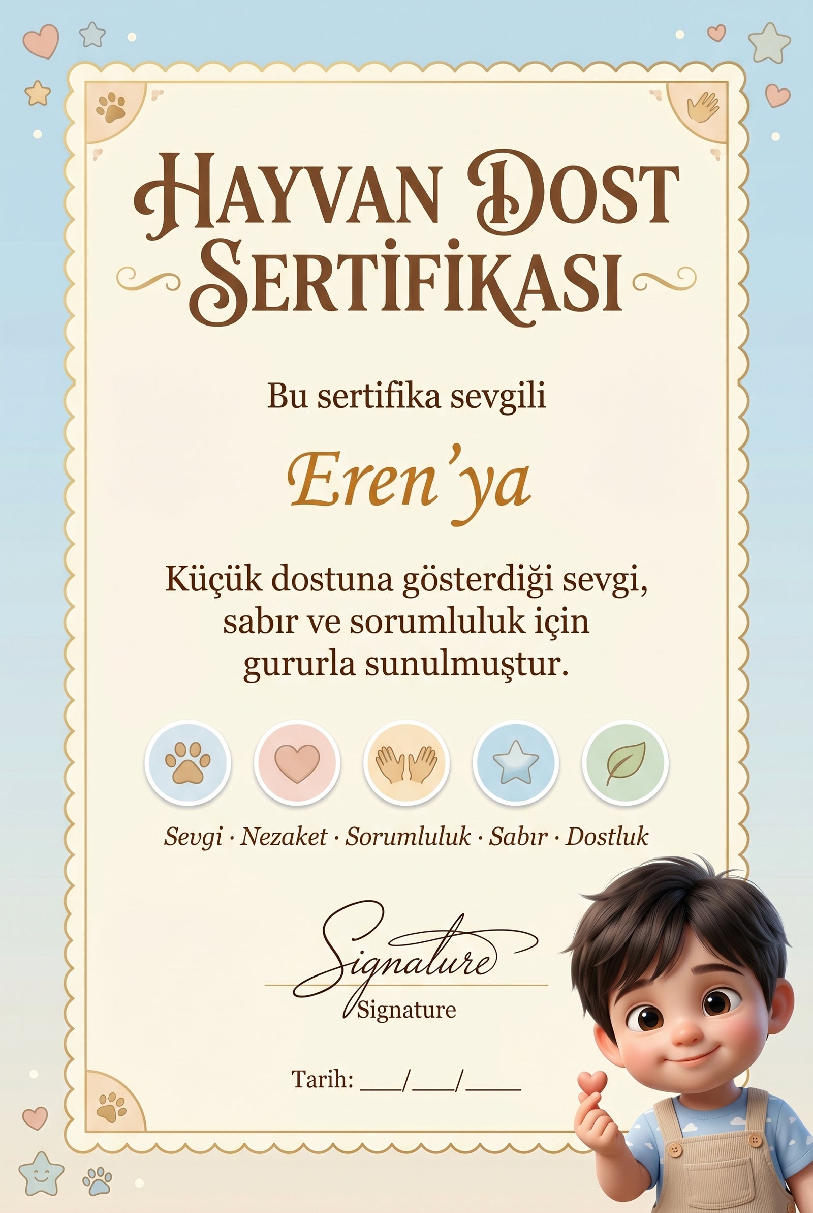 HAYVAN DOST SERTİFİKASI — Eren'ya özel diploma.