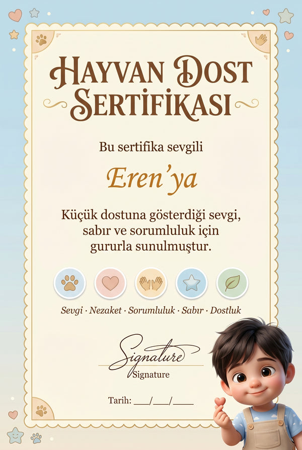 HAYVAN DOST SERTİFİKASI — Eren'ya özel diploma.