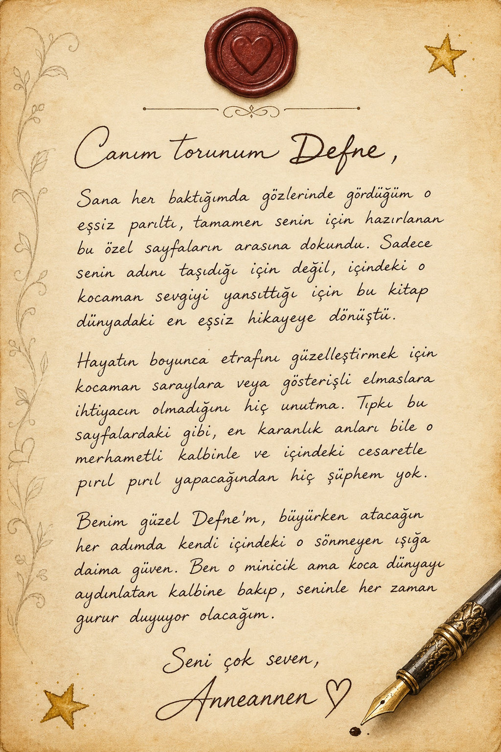 Kitabın ilk sayfasında yer alan ve hediye edenden çocuğa yazılmış duygusal kişiye özel ithaf notu