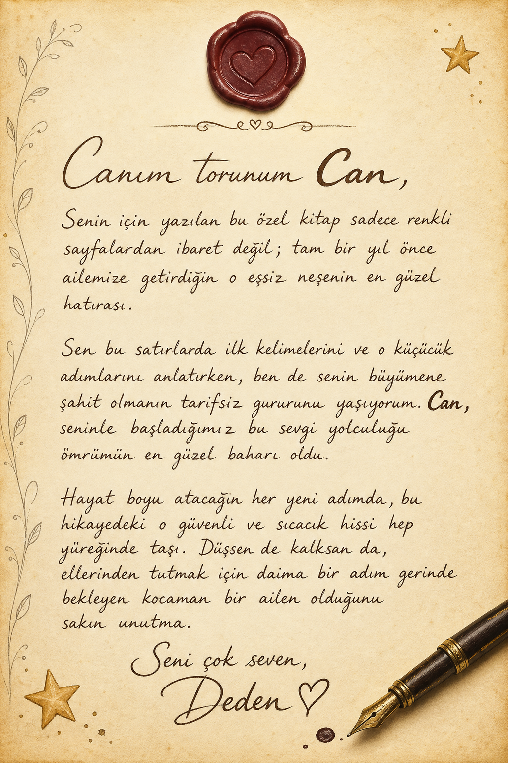 Fotoğraflı çocuk kitabı içindeki aileden bebeğe yazılmış özel ithaf ve kalıcı sevgi notu sayfası