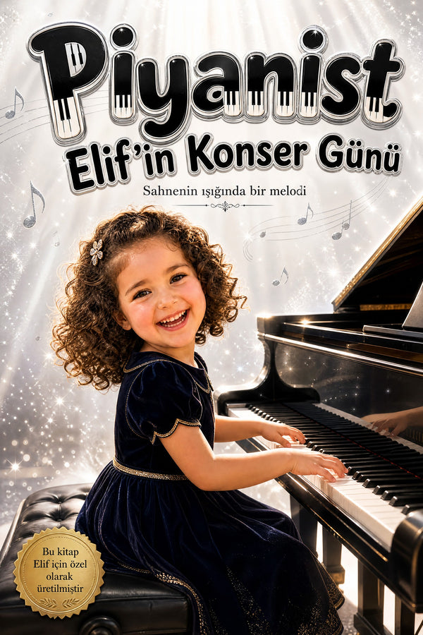 Piyanist Elif'in Konser Günü kişiye özel çocuk kitabı ön kapağı, dramatik 2D piyano illüstrasyonu