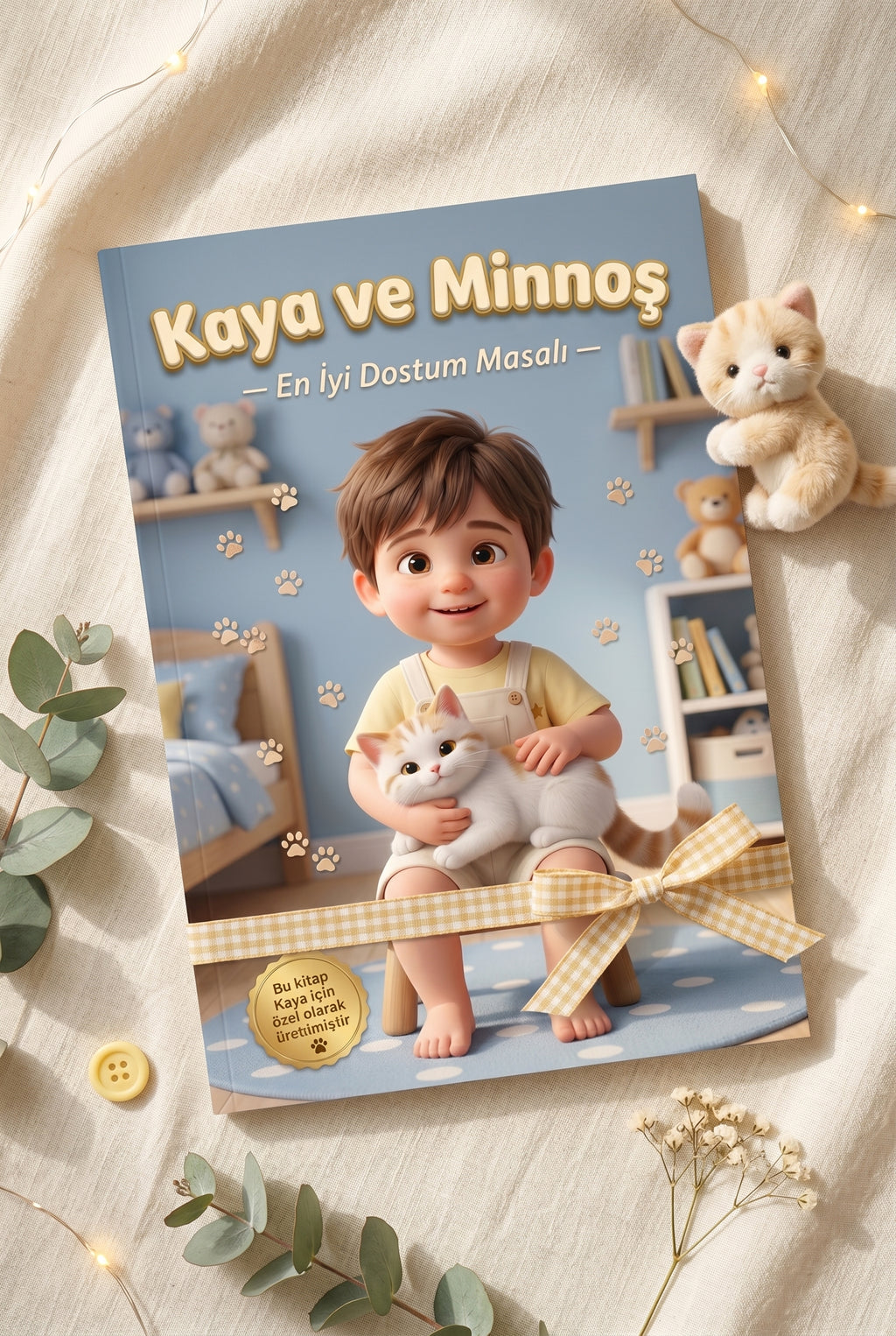 Kaya ve Minnoş kitabının bebek dekoruna uygun flat-lay sunum fotoğrafı.