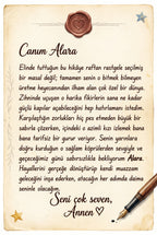 Alara'nın kişiye özel kitabının ilk sayfasındaki teyzesinden gelen duygusal doğum günü notu.
