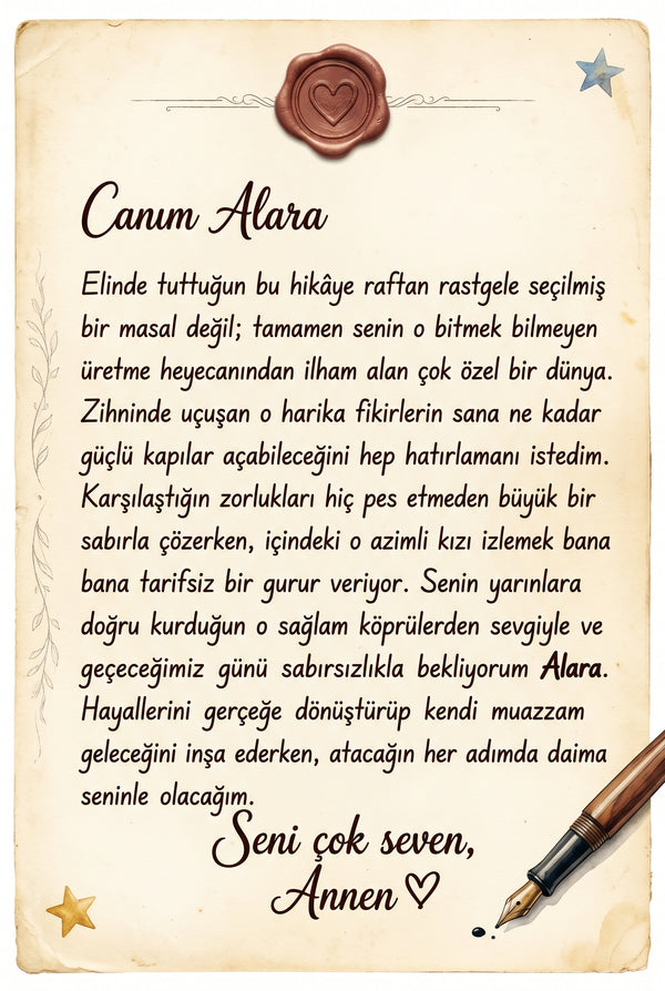 Alara'nın kişiye özel kitabının ilk sayfasındaki teyzesinden gelen duygusal doğum günü notu.