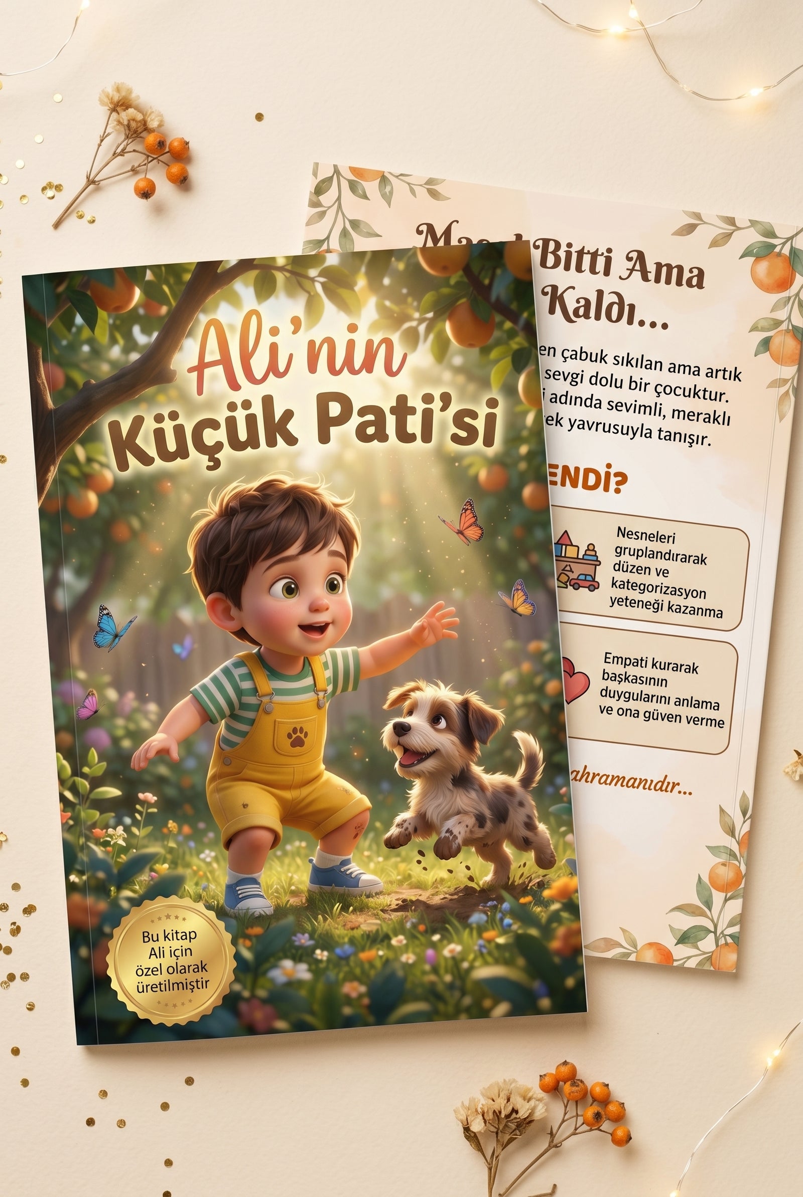 Ali'nin kişiye özel çocuk kitabı ön ve arka kapak birlikte A4 yumuşak kapak formatı