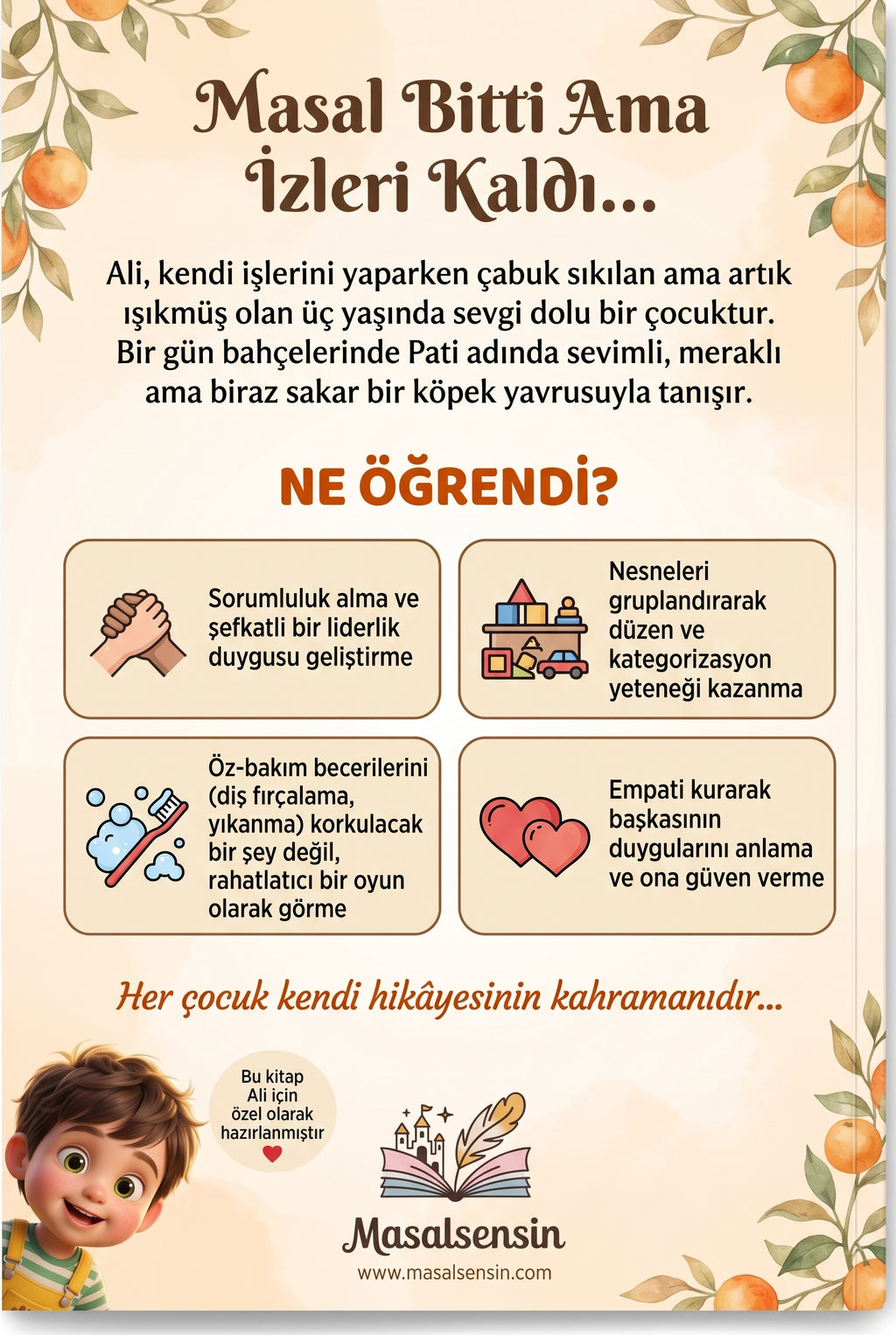 Ali isimli değerler eğitimi kitabının arka kapağı empati ve öz-bakım kazanımları