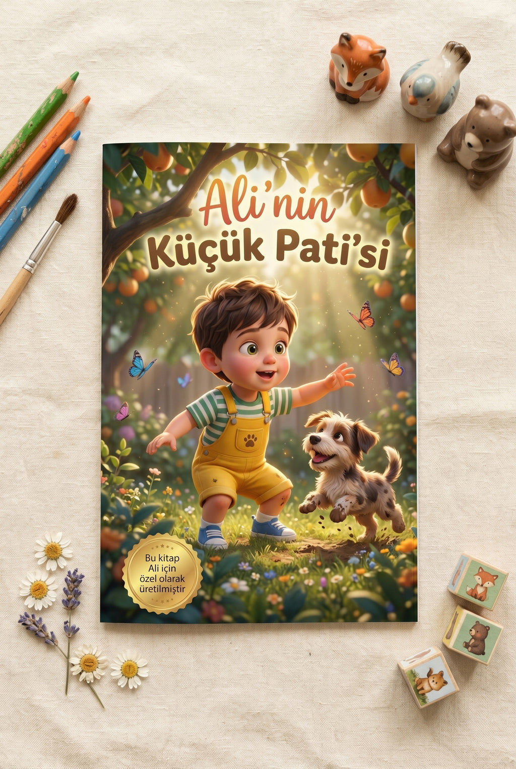 Ali'nin Küçük Pati'si kişiselleştirilmiş hikaye kitabı ve oyuncak köpek Pati üstten çekim