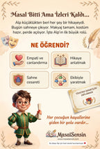 Alp isimli kitabın arka kapağı — sahne cesareti ve takım çalışması kazanımlarını anlatan dramatik arka yüz tasarımı