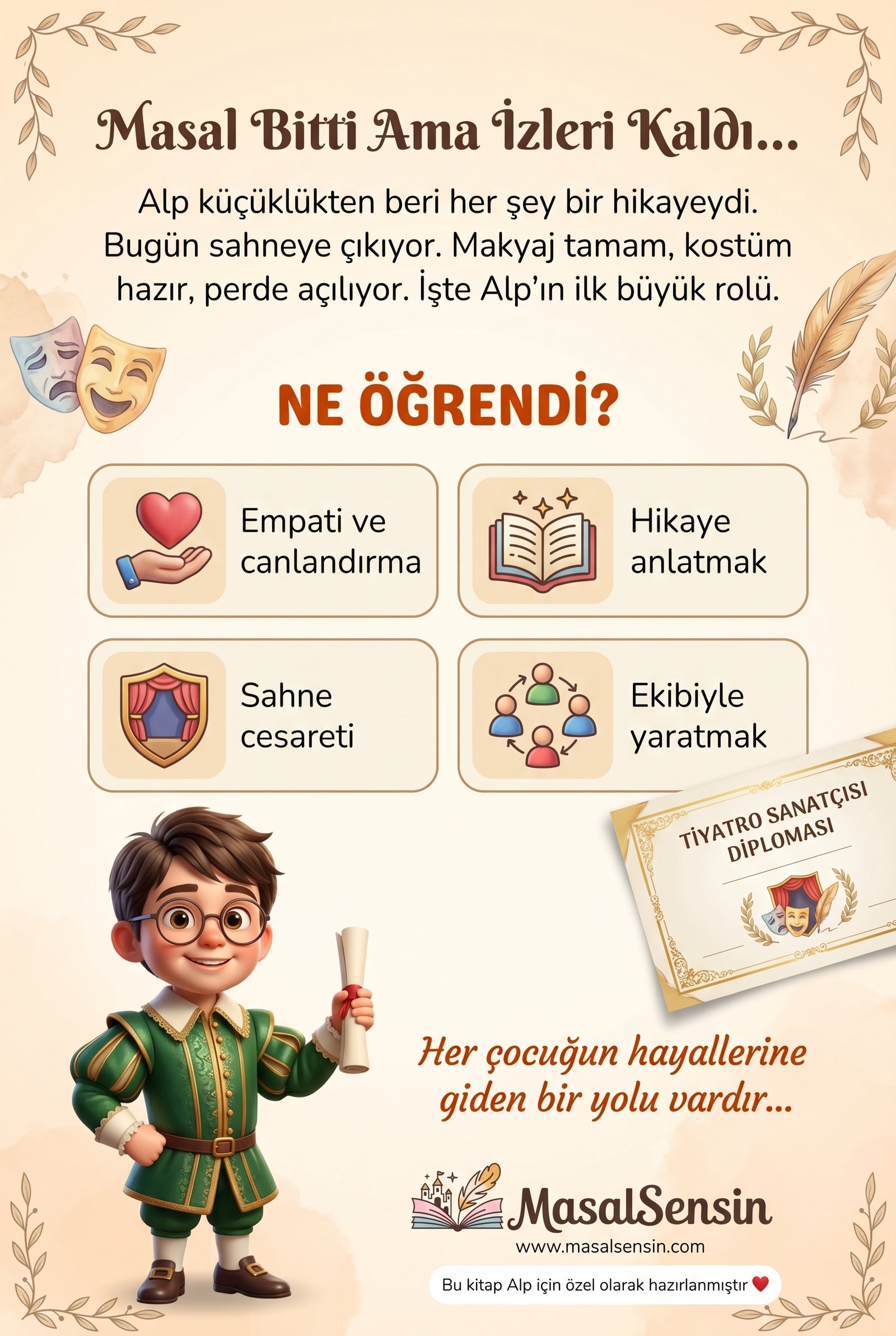 Alp isimli kitabın arka kapağı — sahne cesareti ve takım çalışması kazanımlarını anlatan dramatik arka yüz tasarımı