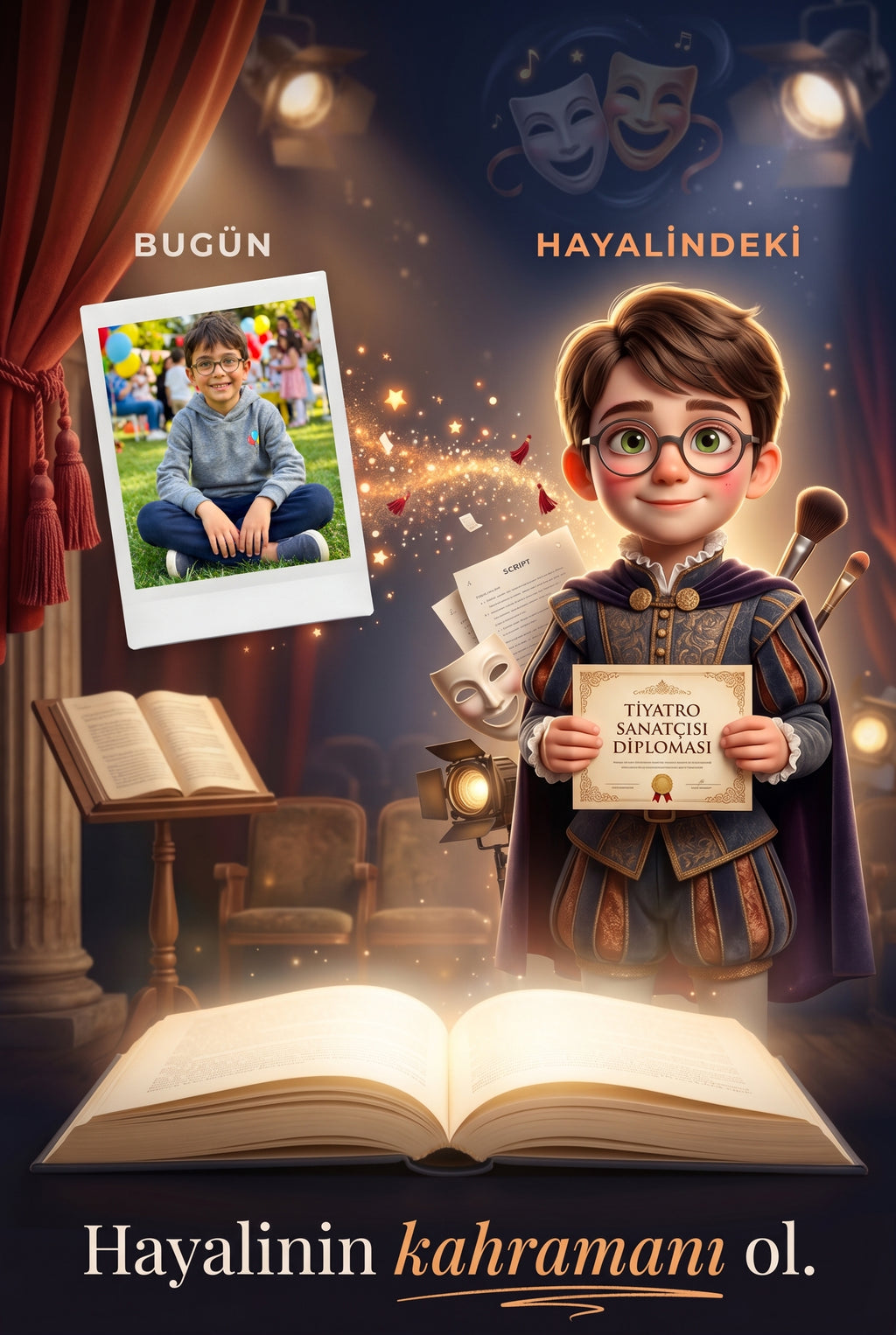 Çocuğun fotoğrafından kral kostümlü Alp karakterine dönüşüm aşaması — Pixar 3D kalitesinde illüstrasyon örneği